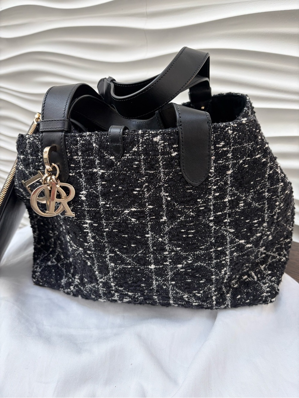 Dior Black and White Tweed Tote with Gold Charm